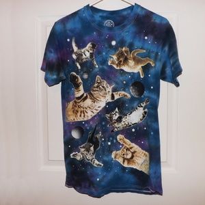 Galaxy Cat Blue Tie Dye Small T Shirt-Blue,Purple